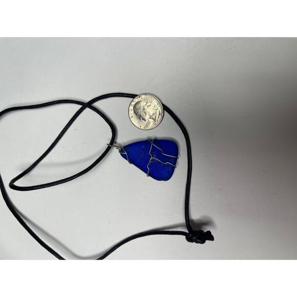 bright blue pendant necklace on black cord wire wrapped natural bohemian boho - Picture 5 of 10